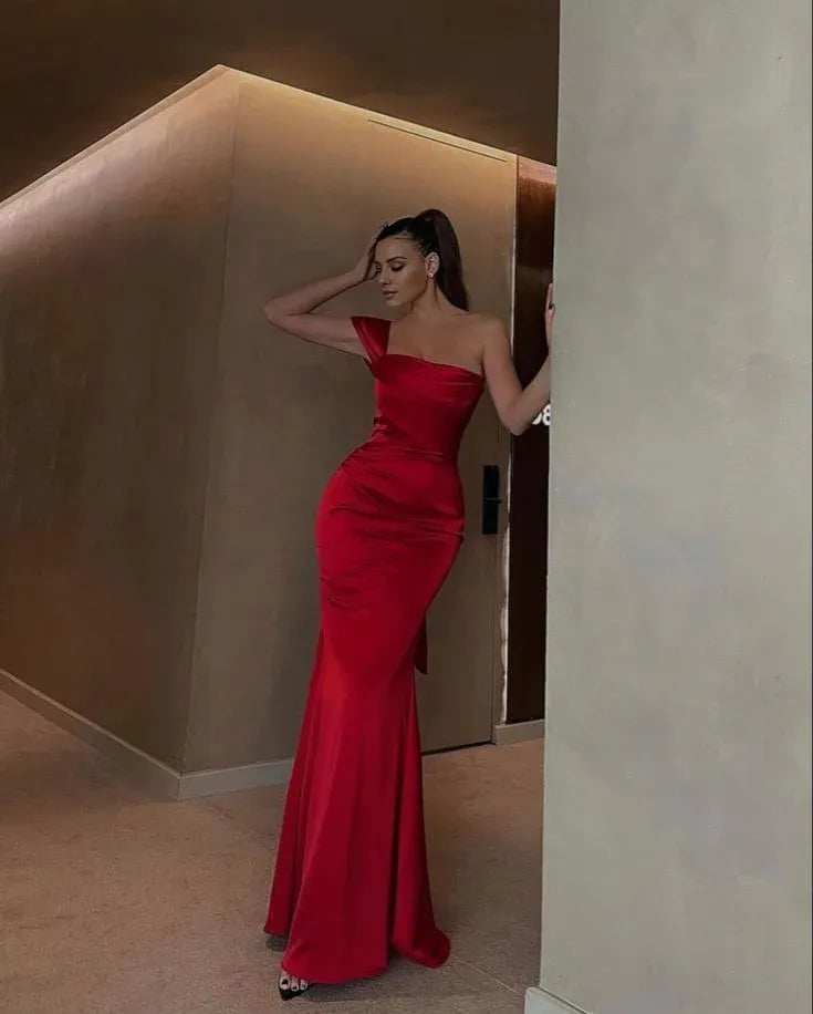 Buyishang Pretty Mermaid One Shoulder Red Satin Prom Dresses Long Party Dress
